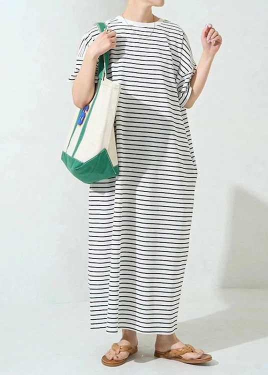 Classy White Oversized Striped Cotton Maxi Dress Summer - Image 2