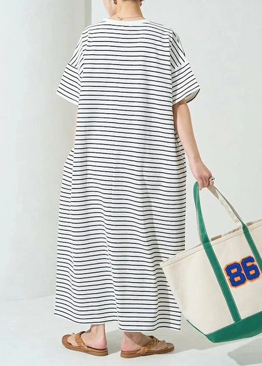 Classy White Oversized Striped Cotton Maxi Dress Summer - Image 4