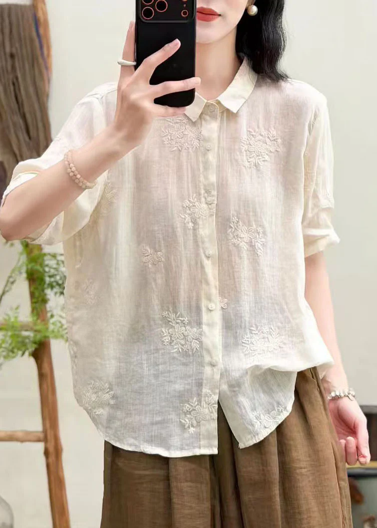 Classy White Peter Pan Collar Embroidered Linen Shirt Top Summer - Image 2