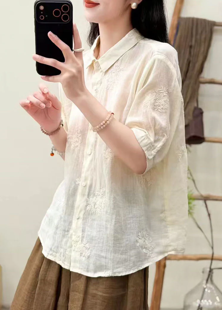 Classy White Peter Pan Collar Embroidered Linen Shirt Top Summer - Image 3