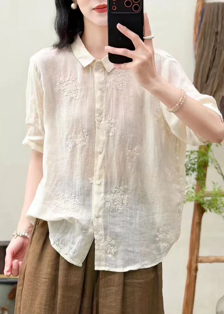 Classy White Peter Pan Collar Embroidered Linen Shirt Top Summer - Image 4