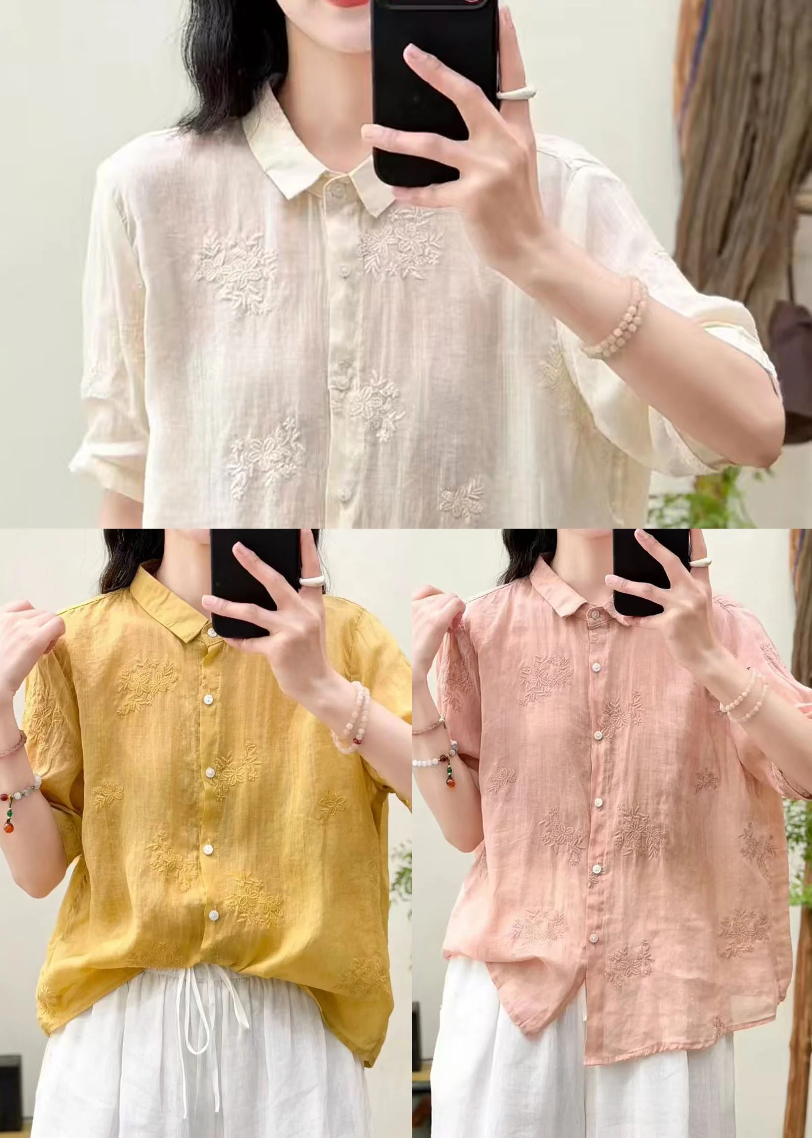 Classy White Peter Pan Collar Embroidered Linen Shirt Top Summer - Image 5