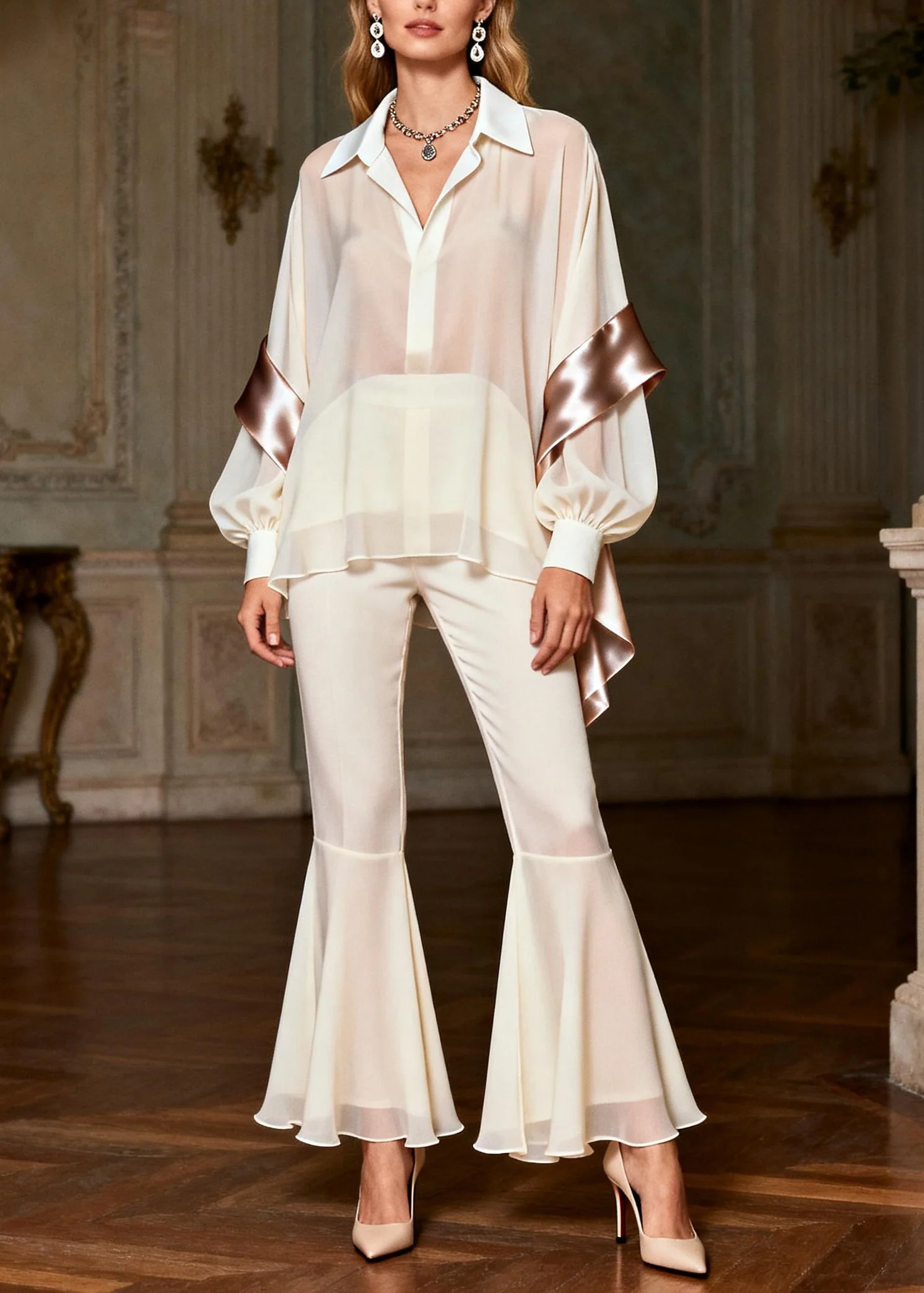 Classy White Peter Pan Collar Patchwork Silk 2 Piece Outfit Spring - Image 3