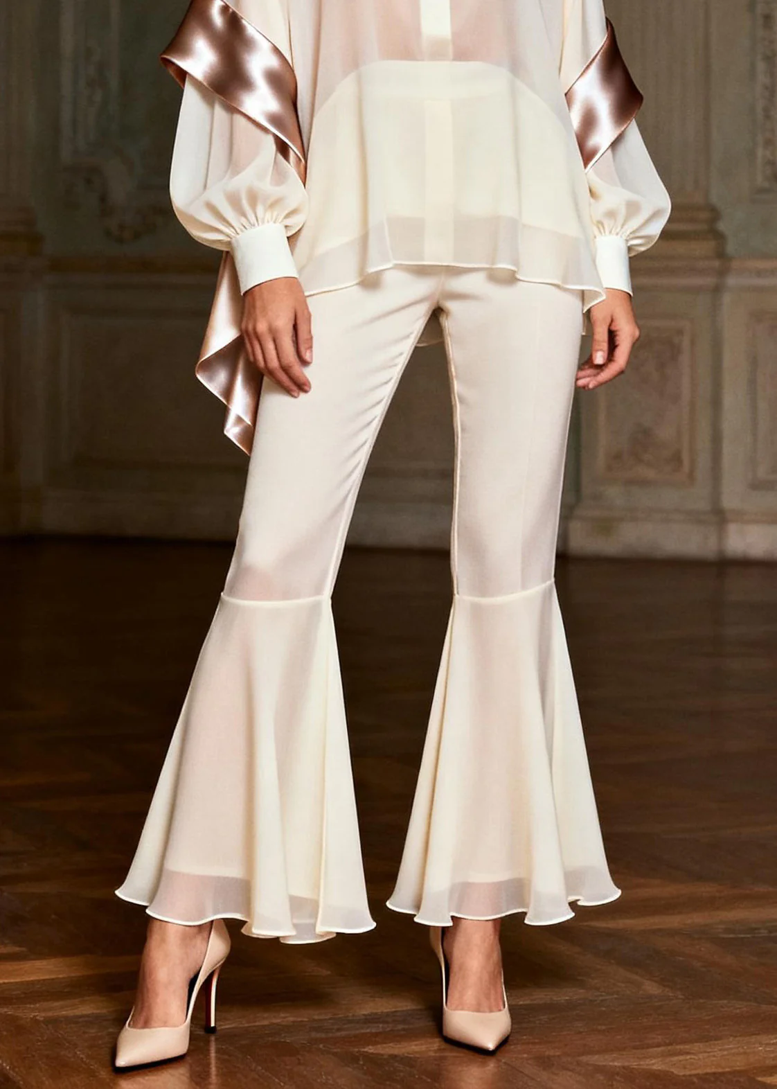 Classy White Peter Pan Collar Patchwork Silk 2 Piece Outfit Spring - Image 4