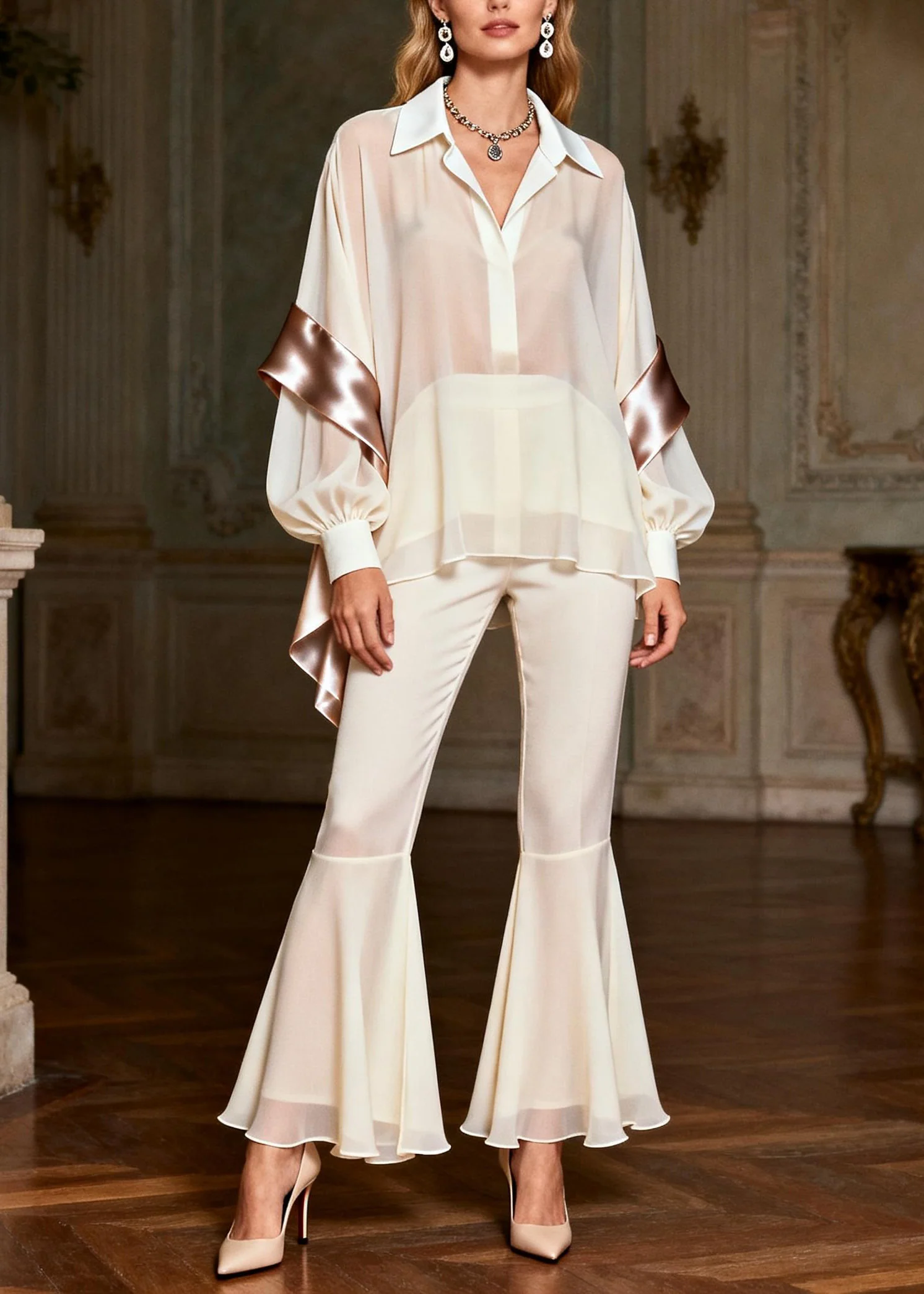 Classy White Peter Pan Collar Patchwork Silk 2 Piece Outfit Spring - Image 5