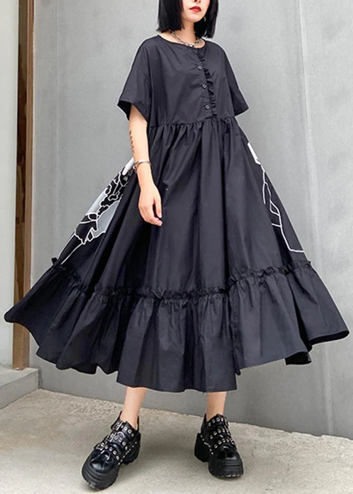 Classy Black Butterfly dots cotton clothes o neck Cinched cotton robes summer Dresses - Image 3