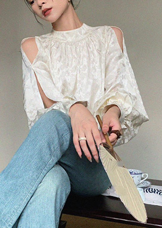 Classy White Print Asymmetrical Hollow Out Shirt Spring - Image 3