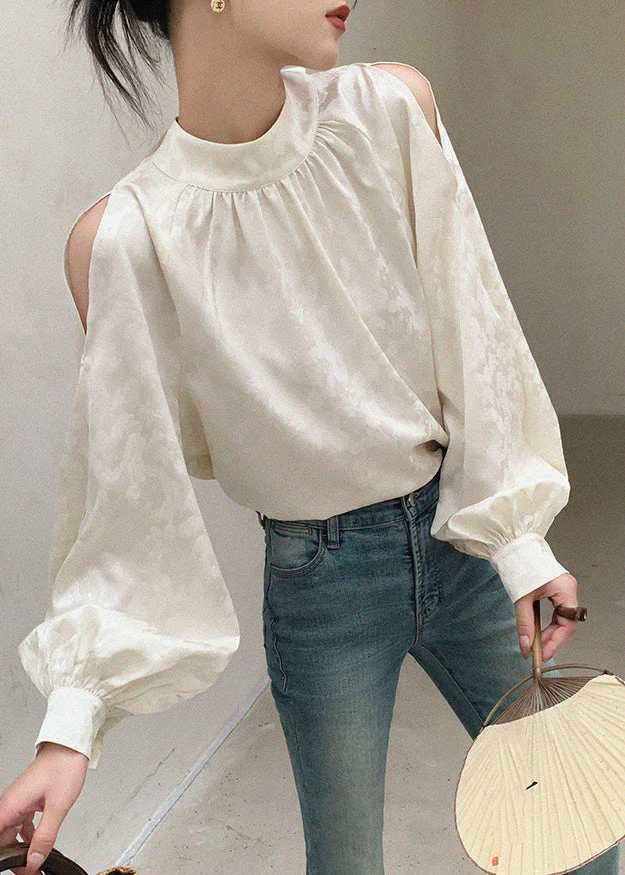 Classy White Print Asymmetrical Hollow Out Shirt Spring - Image 4