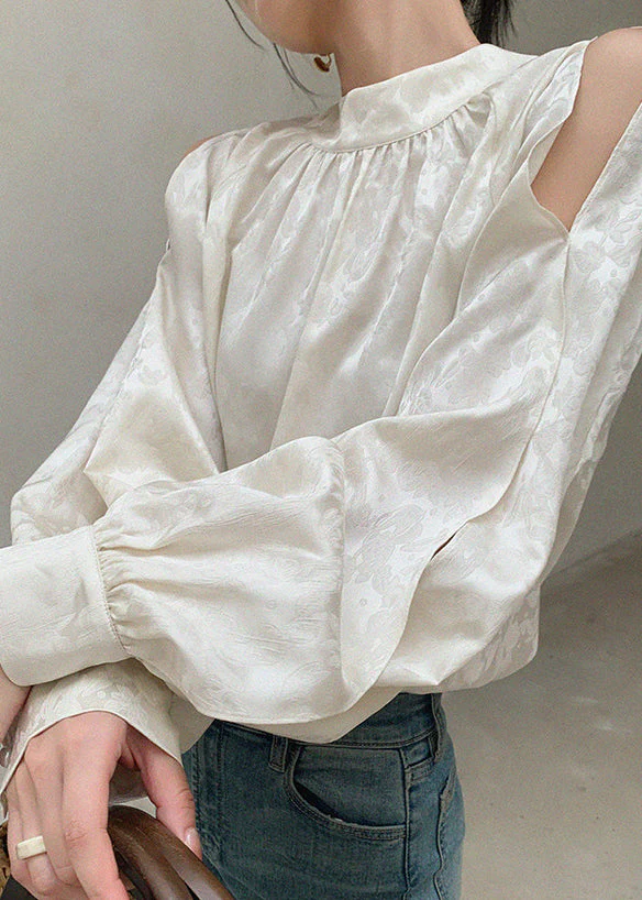 Classy White Print Asymmetrical Hollow Out Shirt Spring - Image 5