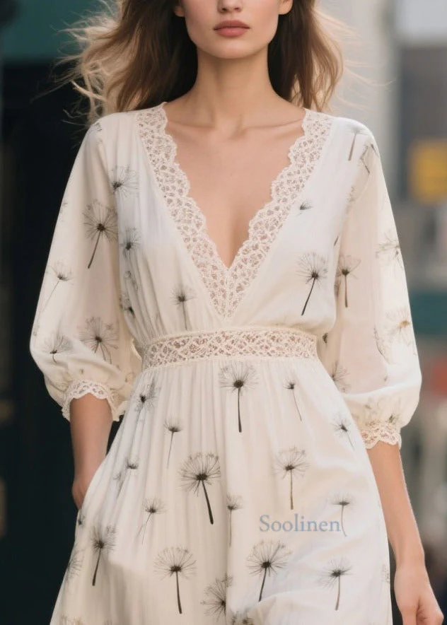 Classy White Print Lace Patchwork Chiffon Dress Summer - Image 2