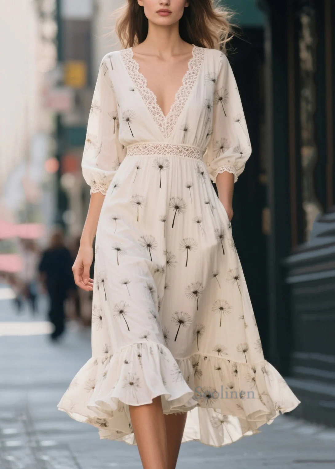 Classy White Print Lace Patchwork Chiffon Dress Summer - Image 3