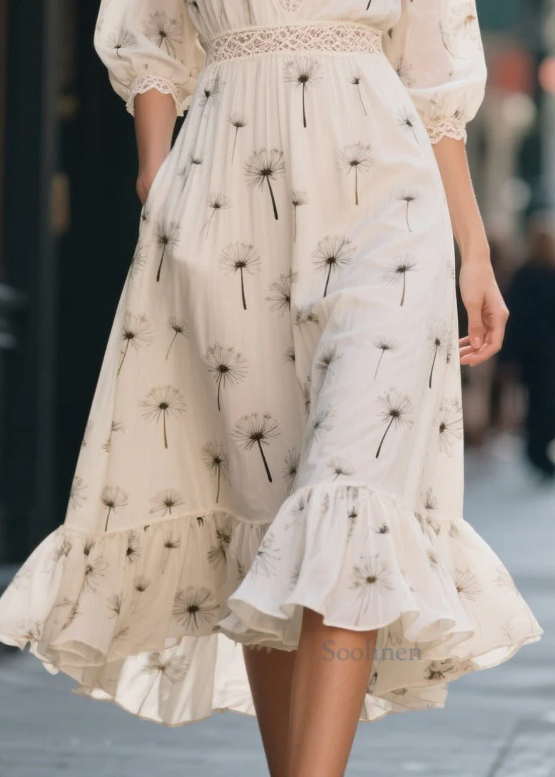 Classy White Print Lace Patchwork Chiffon Dress Summer - Image 4