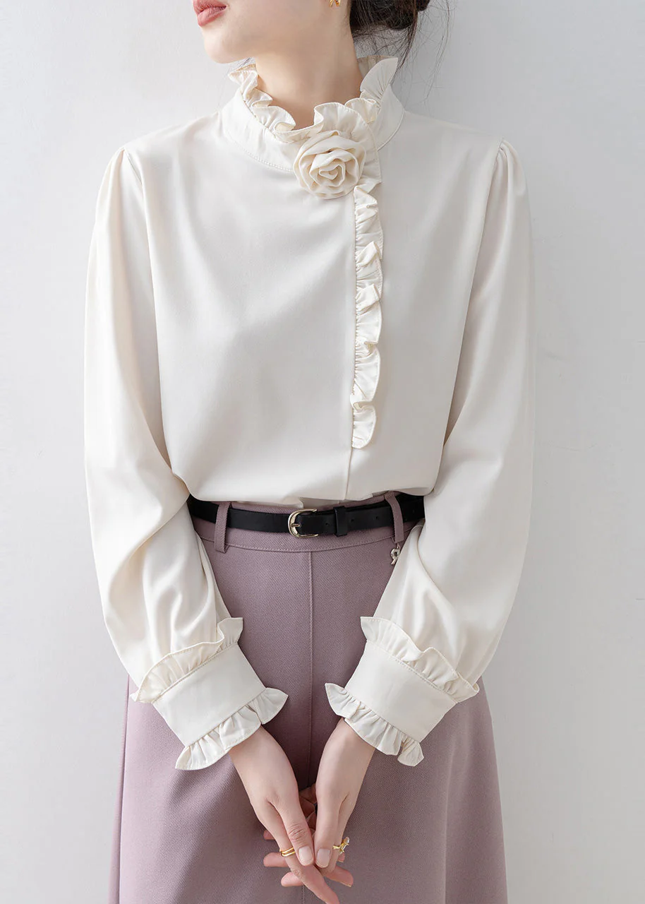 Classy White Ruffled Floral Chiffon Shirt Top Spring - Image 2