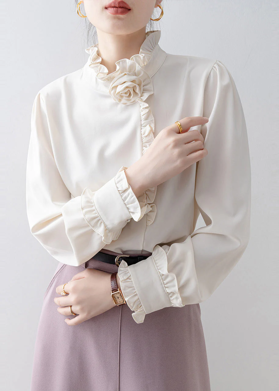 Classy White Ruffled Floral Chiffon Shirt Top Spring - Image 3