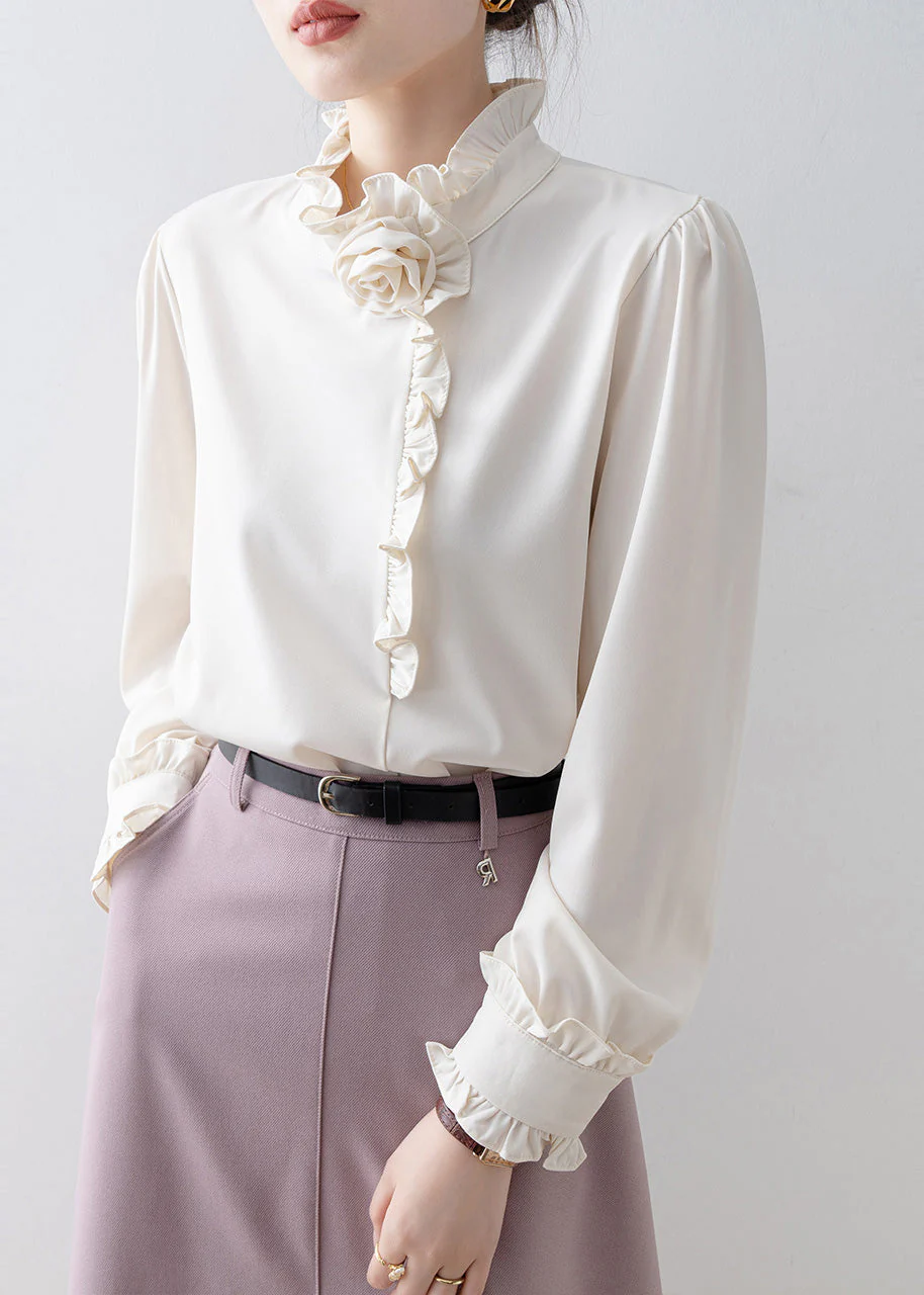 Classy White Ruffled Floral Chiffon Shirt Top Spring - Image 4