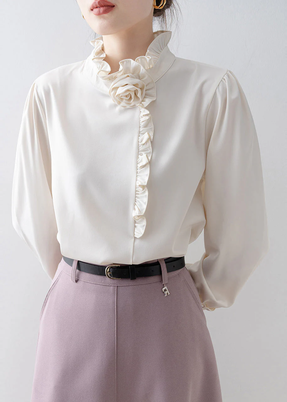 Classy White Ruffled Floral Chiffon Shirt Top Spring - Image 5