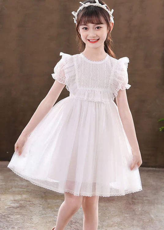 Classy White Ruffled Patchwork Tulle Kids Girls Dresses Summer - Image 3