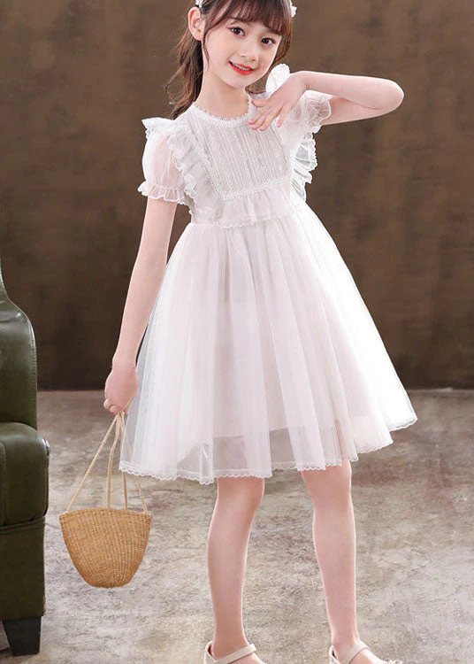 Classy White Ruffled Patchwork Tulle Kids Girls Dresses Summer - Image 5