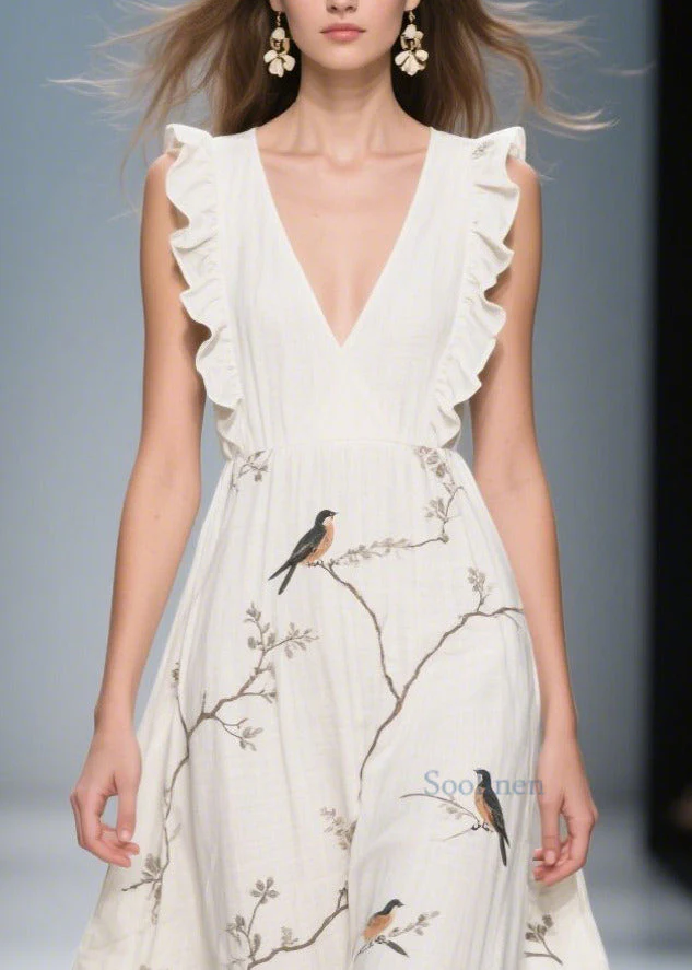 Classy White Ruffled Print Cotton Holiday Dress Summer - Image 2