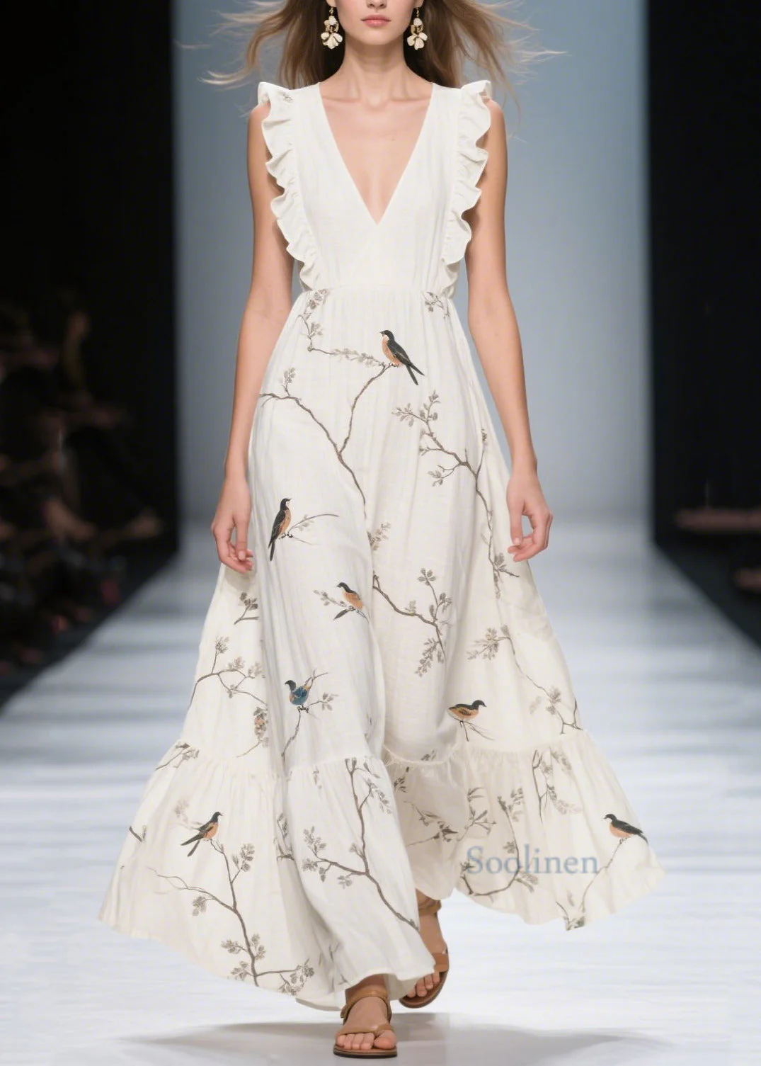 Classy White Ruffled Print Cotton Holiday Dress Summer - Image 3