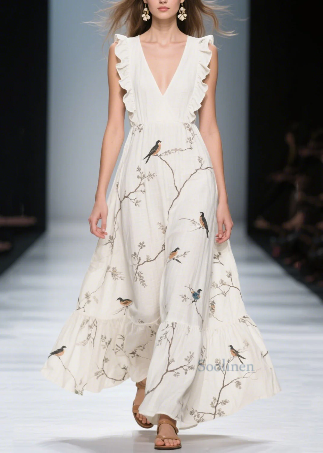 Classy White Ruffled Print Cotton Holiday Dress Summer - Image 5