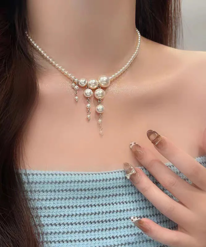 Classy White Stainless Steel Pearl Tassel Pendant Necklace - Image 2