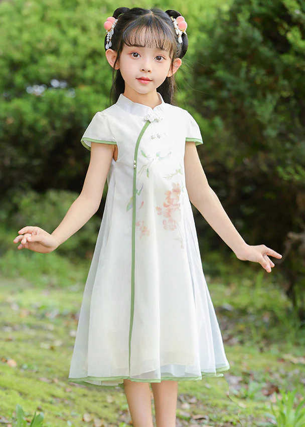 Classy White Stand Collar Print Tulle Girls Maxi Dresses Summer
