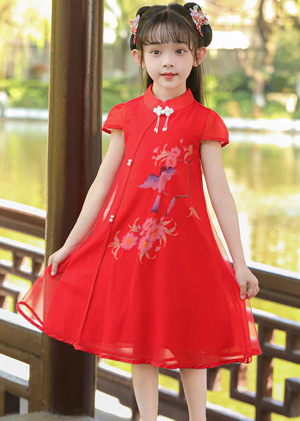 Classy White Stand Collar Print Tulle Girls Maxi Dresses Summer - Image 2