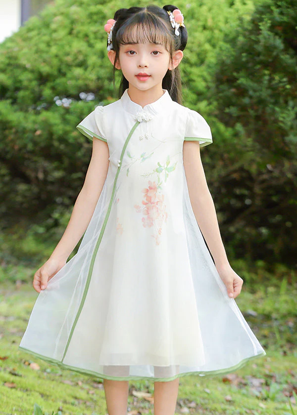 Classy White Stand Collar Print Tulle Girls Maxi Dresses Summer - Image 3