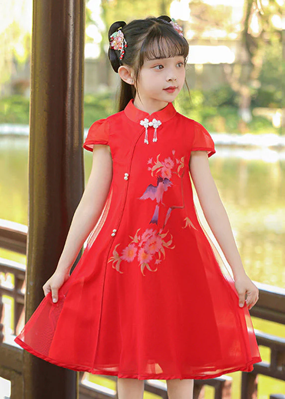 Classy White Stand Collar Print Tulle Girls Maxi Dresses Summer - Image 4