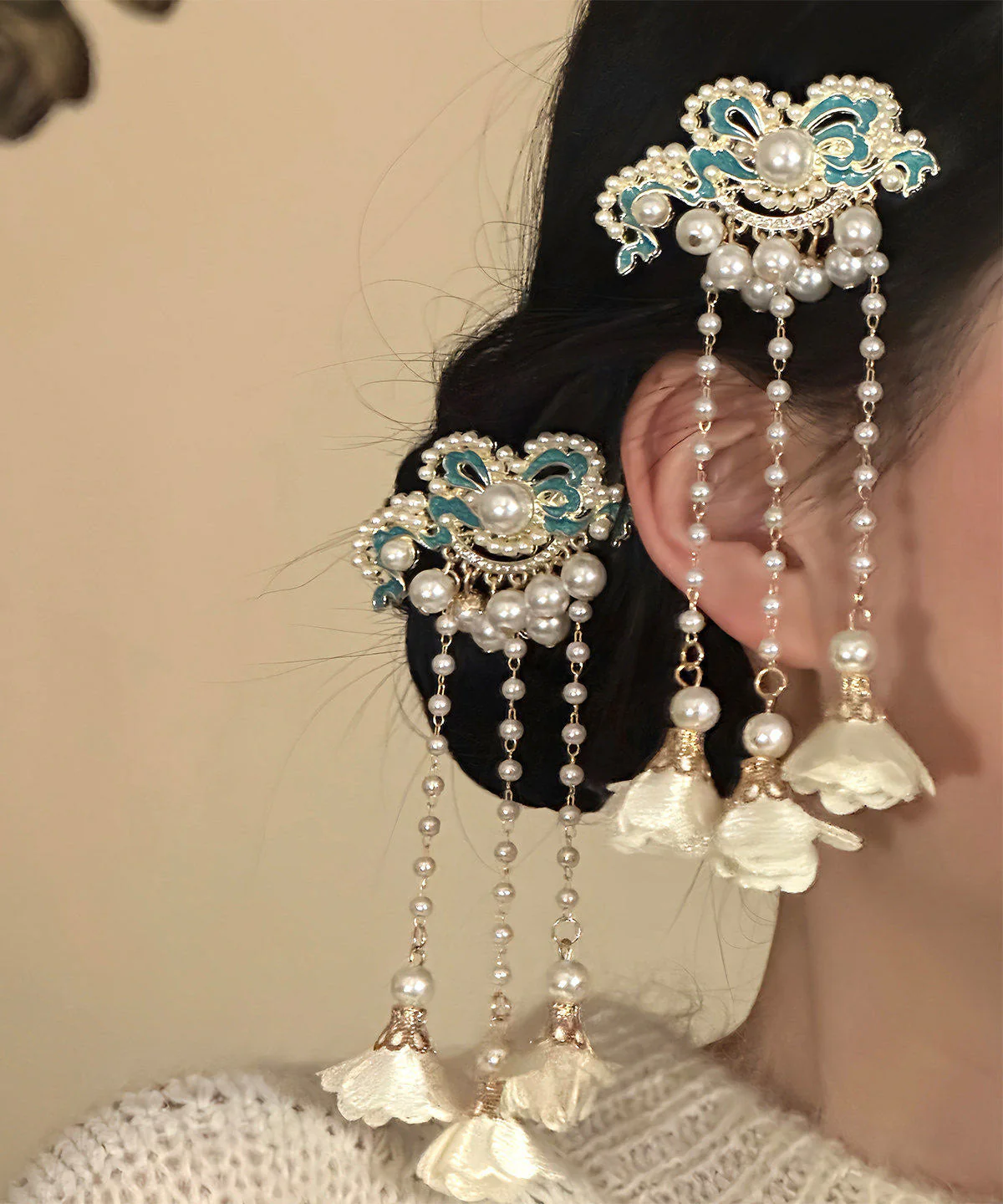 Classy White Sterling Silver Overgild Enameling Floral Tassel A Pair Hairpin - Image 2
