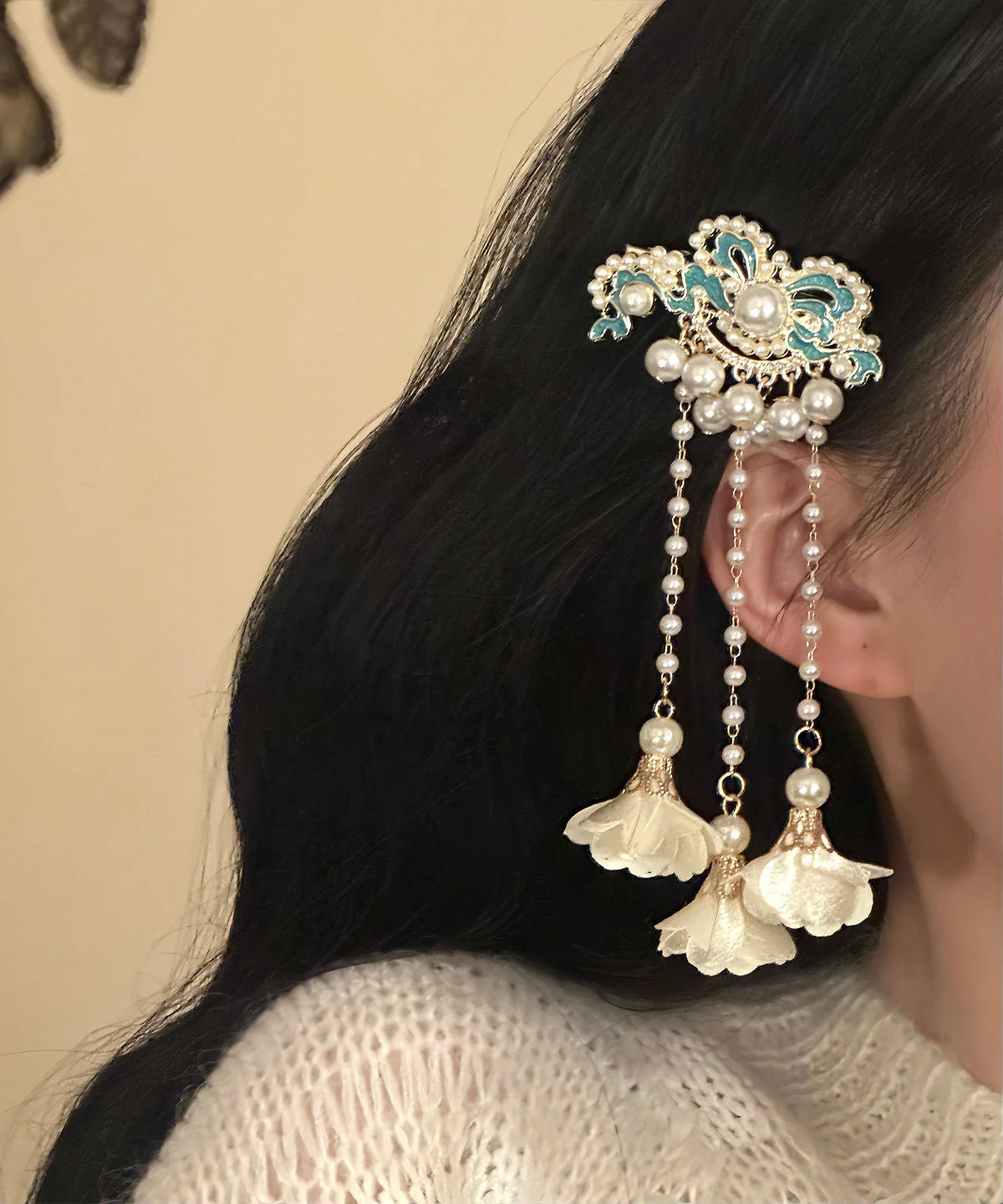 Classy White Sterling Silver Overgild Enameling Floral Tassel A Pair Hairpin - Image 3