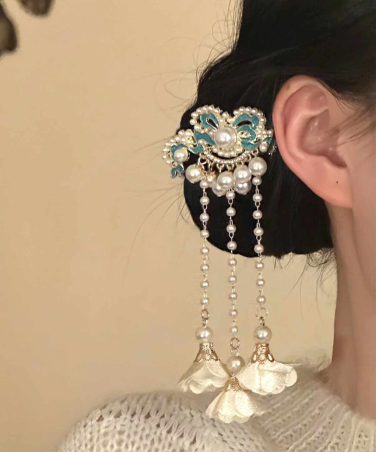 Classy White Sterling Silver Overgild Enameling Floral Tassel A Pair Hairpin - Image 4