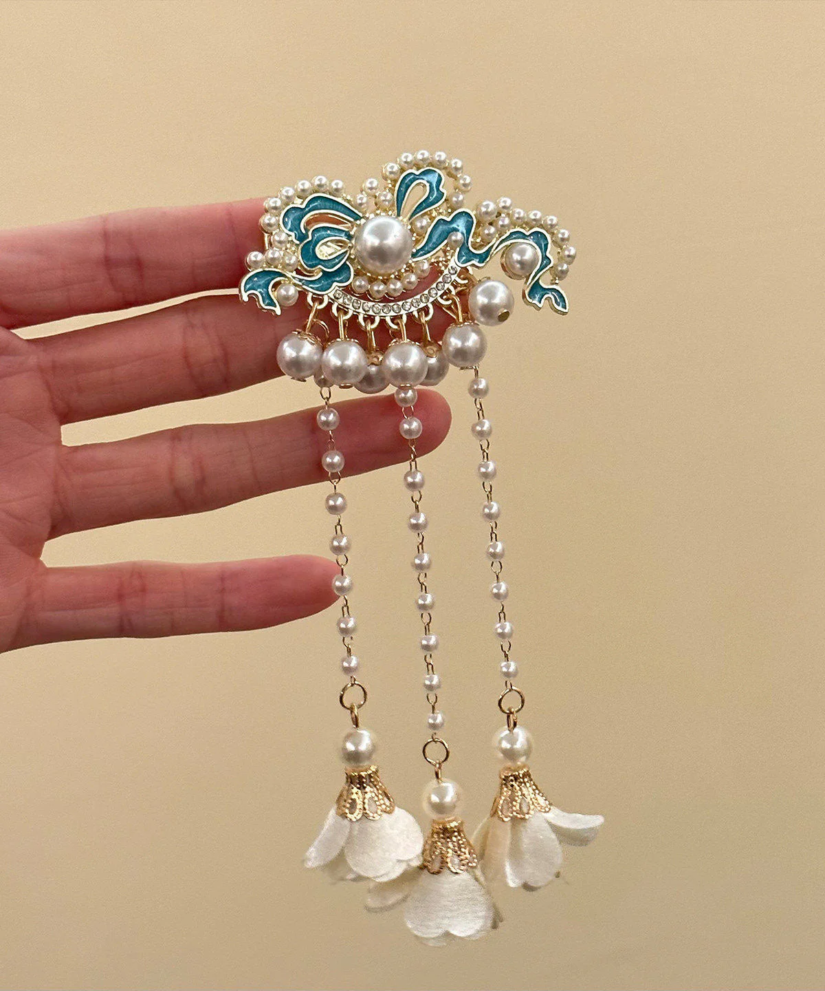 Classy White Sterling Silver Overgild Enameling Floral Tassel A Pair Hairpin - Image 5