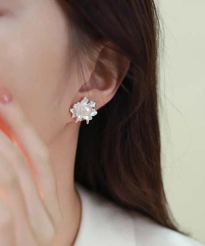 Classy White Sterling Silver Pearl Dripping Glaze Floral Stud Earrings - Image 2