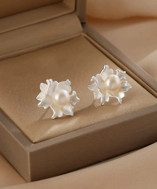 Classy White Sterling Silver Pearl Dripping Glaze Floral Stud Earrings - Image 3