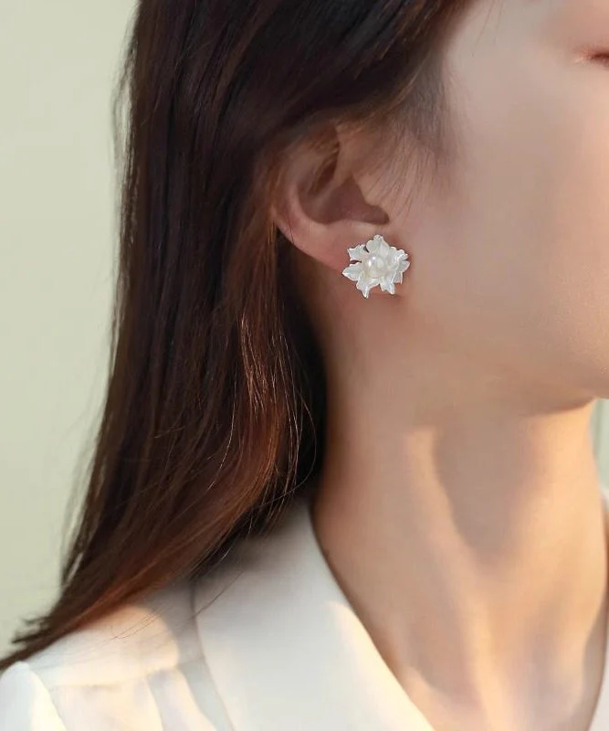 Classy White Sterling Silver Pearl Dripping Glaze Floral Stud Earrings - Image 4