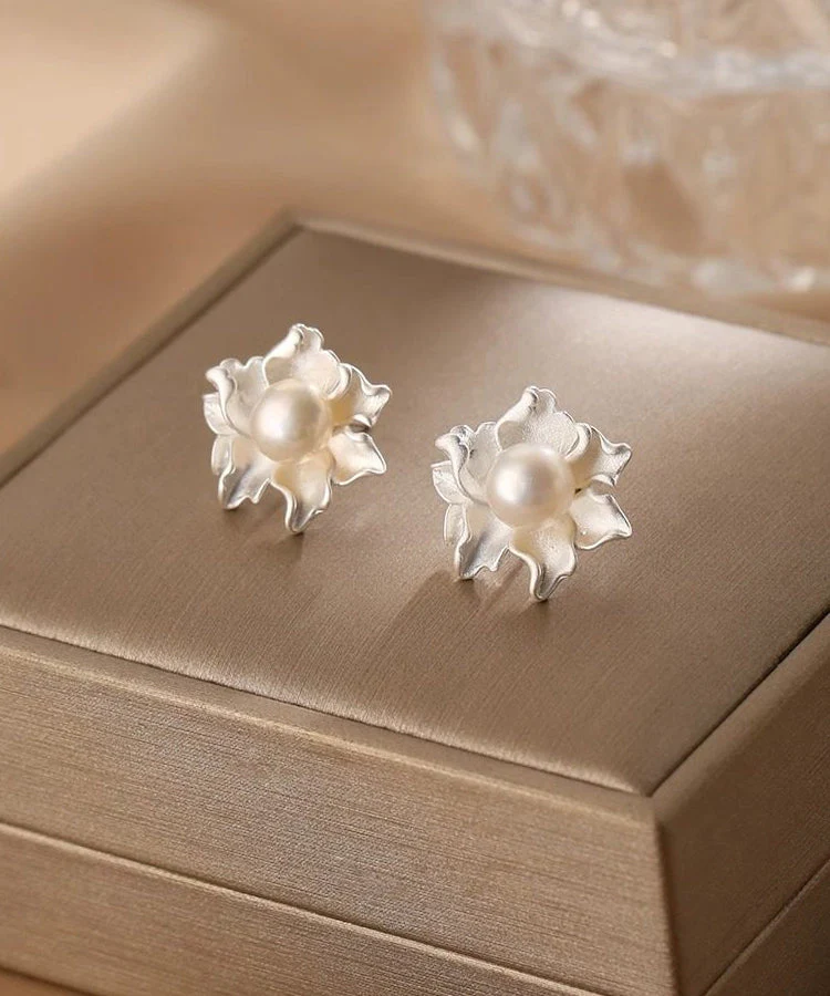 Classy White Sterling Silver Pearl Dripping Glaze Floral Stud Earrings - Image 5