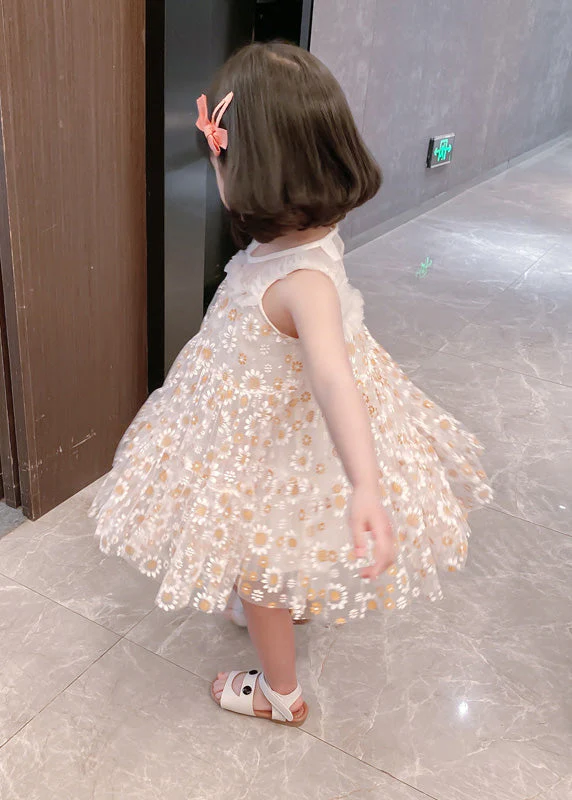 Classy White Sunflower Lace Patchwork Tulle Girls Mid Dress Summer - Image 2