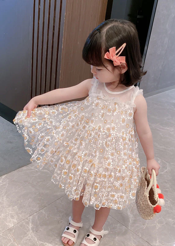 Classy White Sunflower Lace Patchwork Tulle Girls Mid Dress Summer - Image 3