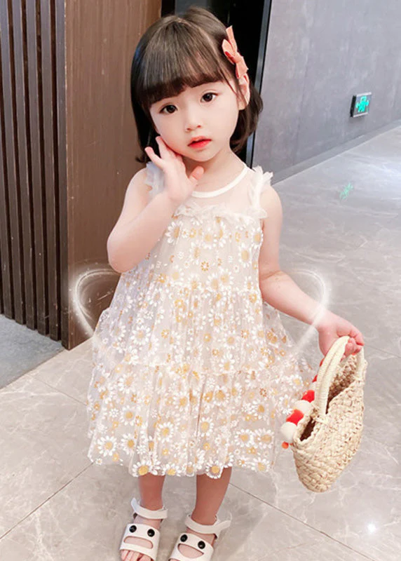 Classy White Sunflower Lace Patchwork Tulle Girls Mid Dress Summer - Image 4