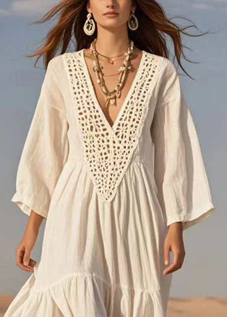 Classy White V Neck Hollow Ou Cotton Vacation Dresses Summer - Image 2