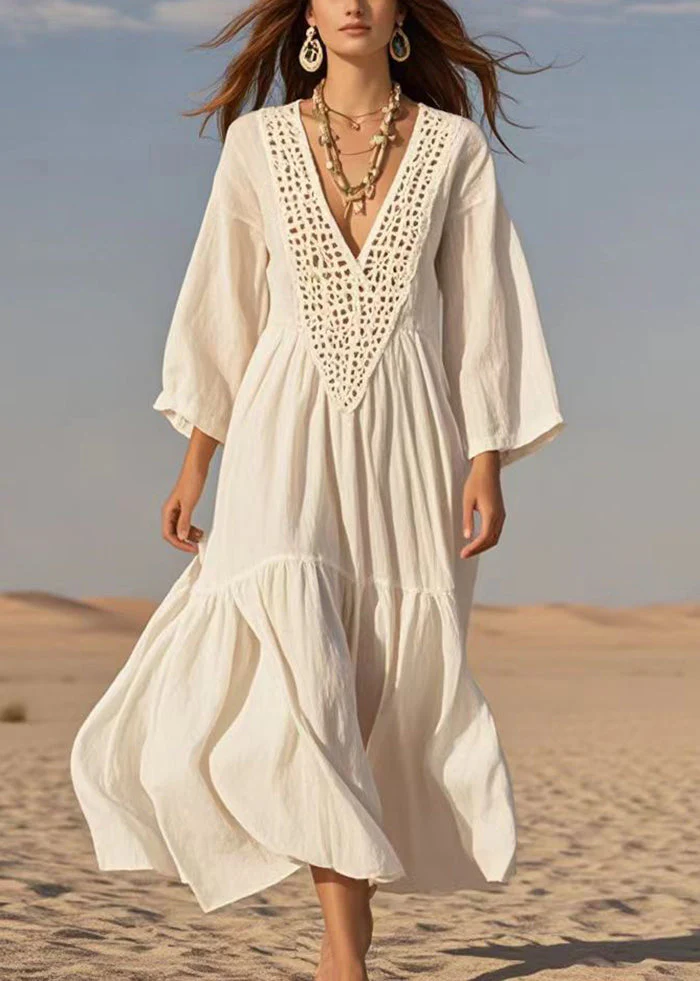 Classy White V Neck Hollow Ou Cotton Vacation Dresses Summer - Image 5
