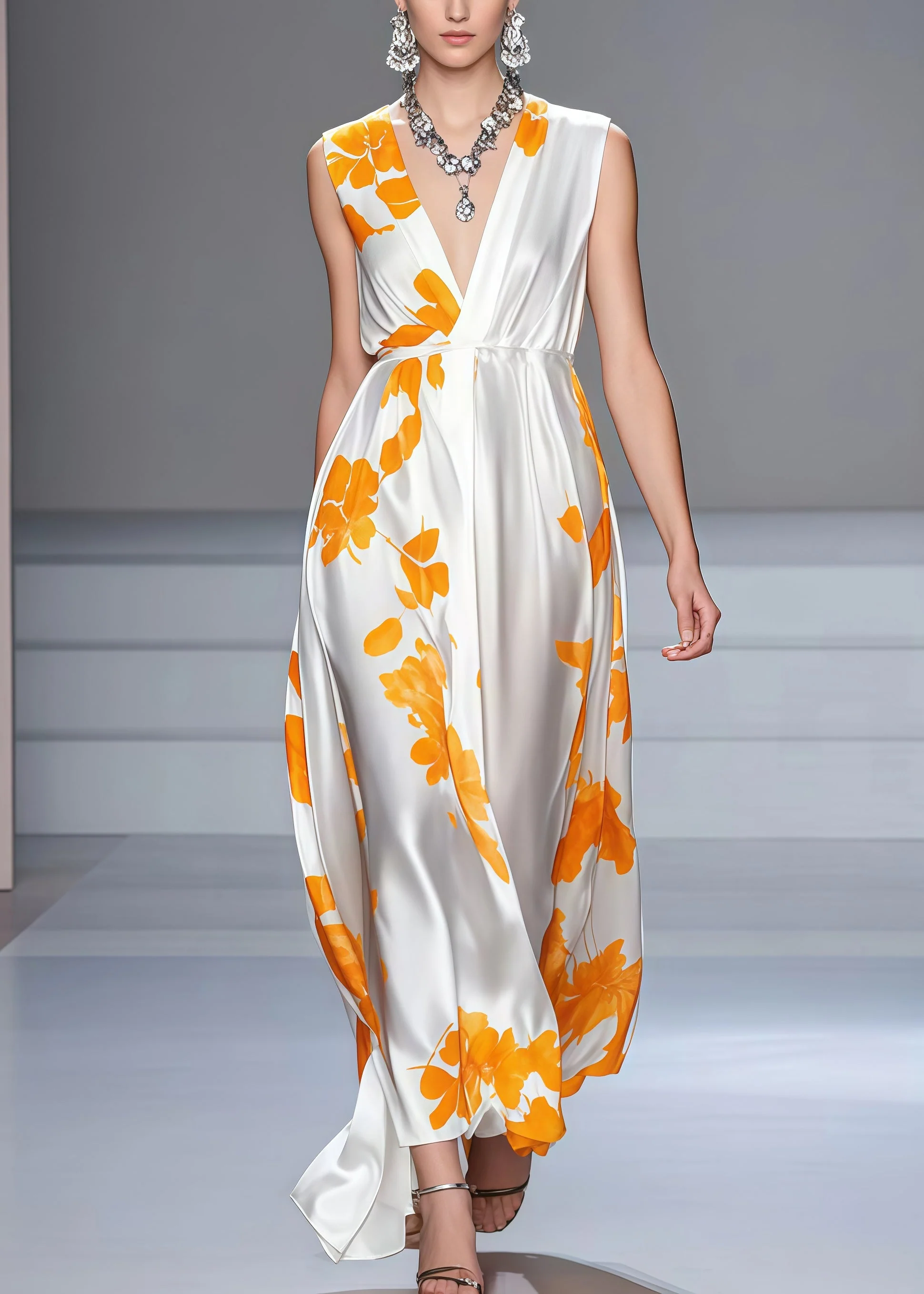 Classy White V Neck Print Silk Long Dress Sleeveless - Image 3