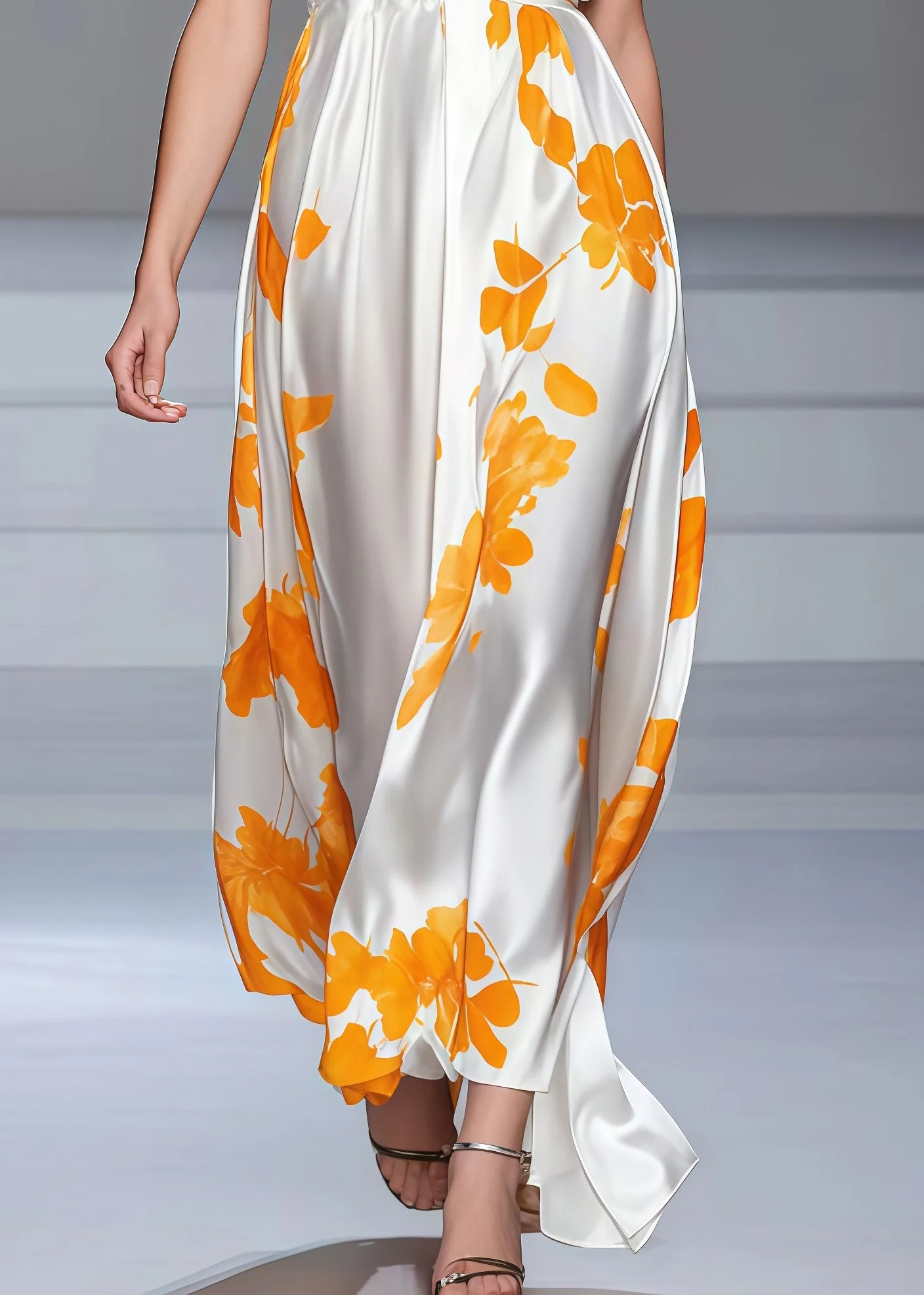 Classy White V Neck Print Silk Long Dress Sleeveless - Image 4