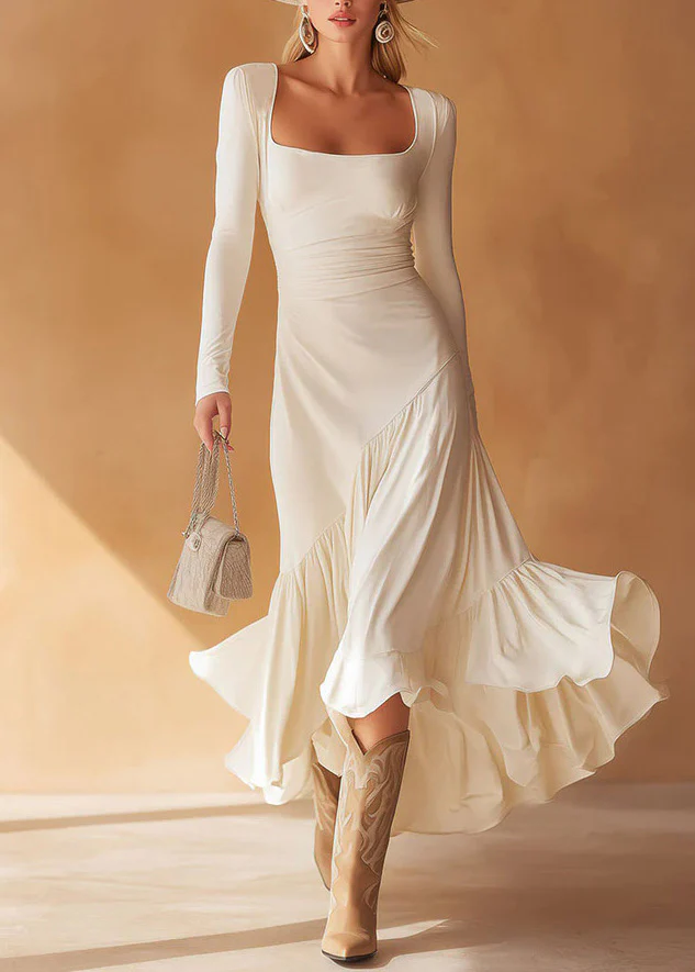 Classy White V Neck Square Collar Wrinkled Patchwork Cotton Dress Spring - Image 3