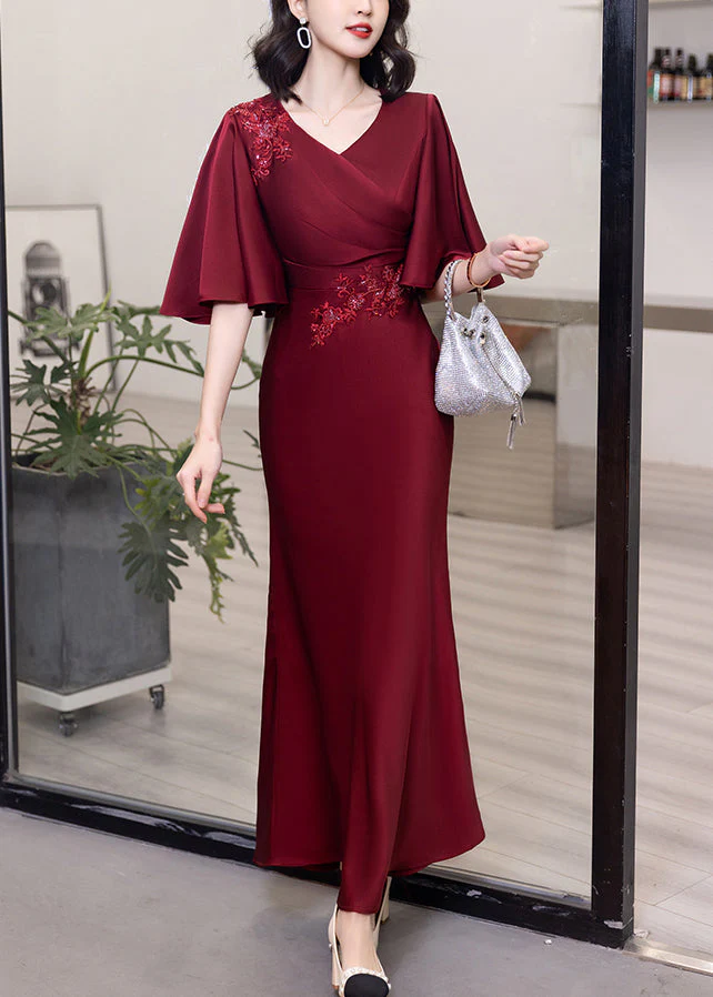 Classy Wine Red V Neck Embroidered Cotton Long Dresses Butterfly Sleeve - Image 2