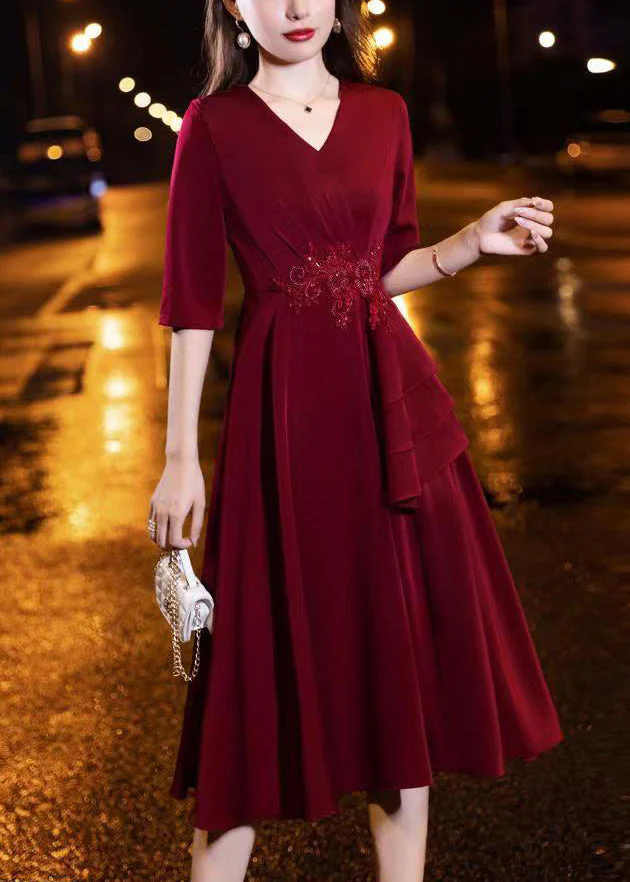 Classy Wine Red V Neck Nail Bead Wrinkled Silk Dress Half Sleeve - Image 2