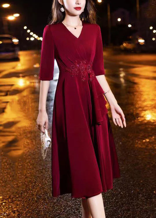 Classy Wine Red V Neck Nail Bead Wrinkled Silk Dress Half Sleeve - Image 3