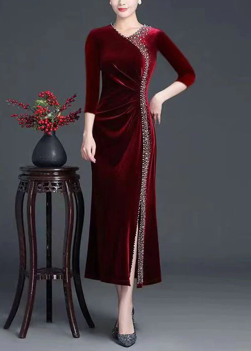 Classy Wine Red V Neck Zircon Side Open Silk Velour Long Dress Fall - Image 3